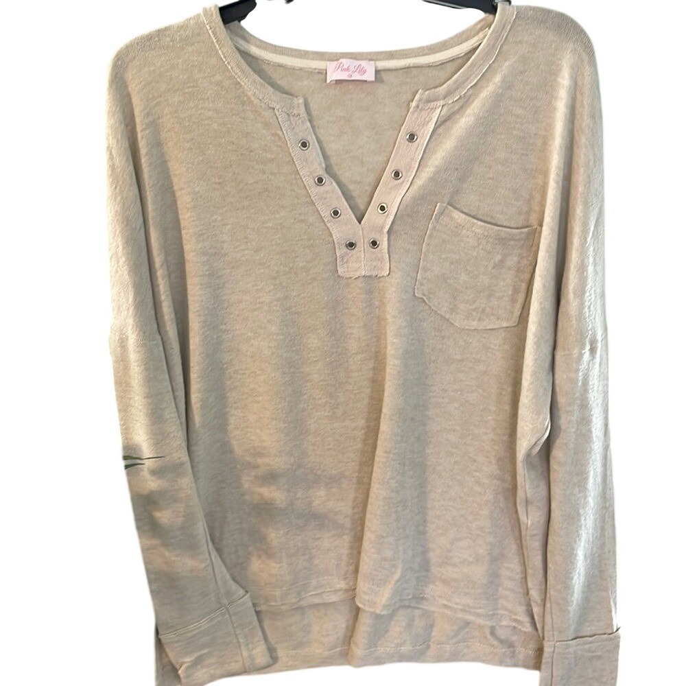 Pink Lily Womens Oatmeal Beige Henley Long Sleeve Pocket Top IL2867 Medium